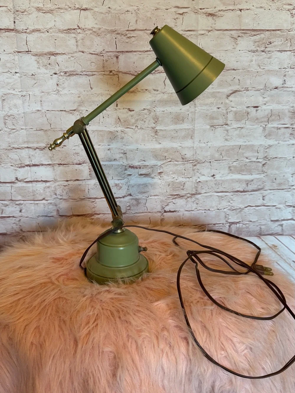 antique Adjustable MCM Green Metal & brass Desk Lamp